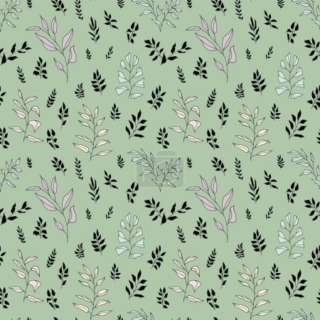 Illustration for Seamless pattern. Green botanical elegant hand-drawn twigs digital paper. Bohemian style artistic branches repeat tile. Vintage elegant doodle herbal foliage fabric textile design - Royalty Free Image