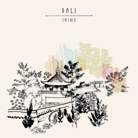 Illustration for Dali, China postcard. Chinese temple and garden in Dali, Yunnan province, China. Beautiful traditional park. Architectural and religious landmark. Hand drawn vintage touristic postcard, poster - Royalty Free Image