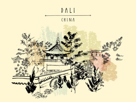 Illustration for Dali, China postcard. Chinese temple and garden in Dali, Yunnan province, China. Beautiful traditional park. Architectural and religious landmark. Hand drawn vintage touristic postcard, poster - Royalty Free Image