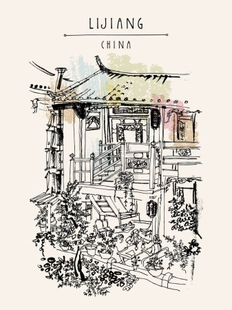 Téléchargez les illustrations : Lijiang, carte postale chinoise. Maison traditionnelle chinoise en bois à Lijiang, Yunnan, Chine. Dessin artisanal artistique. Croquis de voyage. Affiche de voyage style vintage, bannière, carte postale - en licence libre de droit