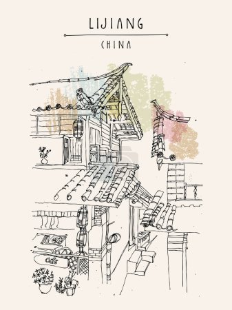 Illustration for Lijiang, China postcard. Traditional style brick tile roofs wooden houses in Lijiang, Yunnan, China. rooftop made of curved stone tiles. Artistic hand drawn travel sketch. Vintage travel poster - Royalty Free Image