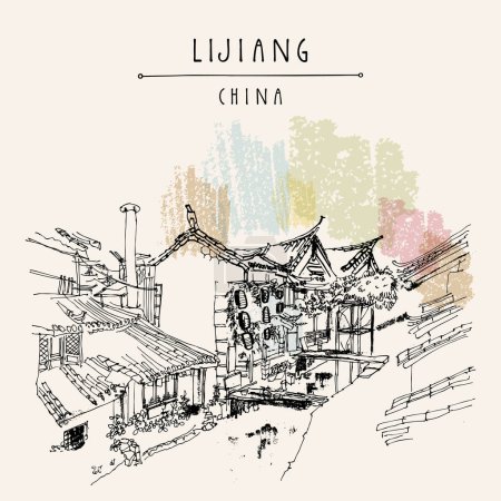 Illustration for Lijiang, China postcard. Traditional Chinese architectural heritage. Wooden houses on the river. Lijiang, Yunnan, China. Artistic hand drawing travel sketch. Vintage style travel poster, banner - Royalty Free Image