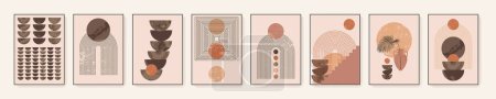 Illustration for Minimalist wall art. Abstract geometric prints for boho aesthetic interior. Home decor wall prints. Burnt orange, terracotta colors. Sun, rainbow and clay pots. Contemporary artistic prints - Royalty Free Image