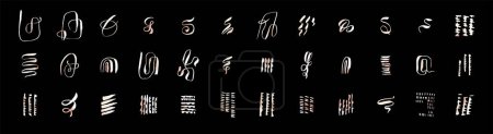 Illustration for Set of modern stylish artistic hand drawn lines, circles, smears, waves, brush stroke knot compositions. Minimal contemporary artwork collection. Hand drawn wavy shaped elements on black background - Royalty Free Image