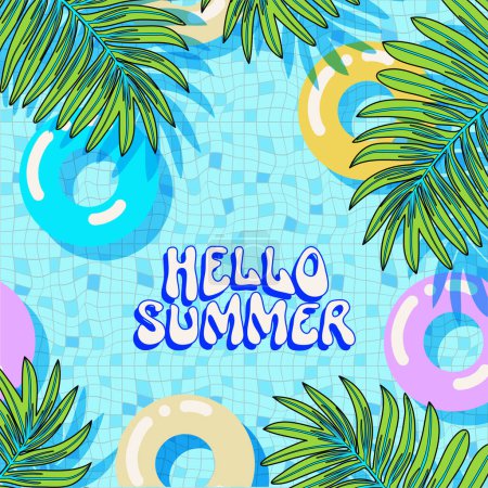 Illustration for Hello Summer greeting card. Y2K style modern Memphis 90s psychedelic postcard. Surface design illustration. Colorful summertime backdrop. Simple flat swimming pool background - Royalty Free Image
