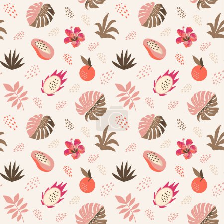 Illustration for Seamless tropical summer organic fruit jungle pattern. Abstract modern background in soft Danish pastel colors. Wrapping paper with monstera leaves, papaya, dragon fruit, oranges, seeds - Royalty Free Image