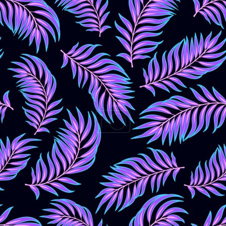 Illustration for Tropical summer dark neon luminous seamless pattern. Bright electric colors y2k style. Dreamy summertime palm leaves background. Fabric textile design, web backdrop. Exotic tropical wallpaper - Royalty Free Image