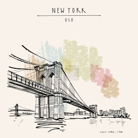 Ilustración de Postal de Nueva York, EE. UU. Cartel turístico vintage NY dibujado a mano. Puente de Brooklyn. Esbozo de viaje. Dibujo de mano vintage artístico, tarjeta de felicitación, impresión de arte - Imagen libre de derechos