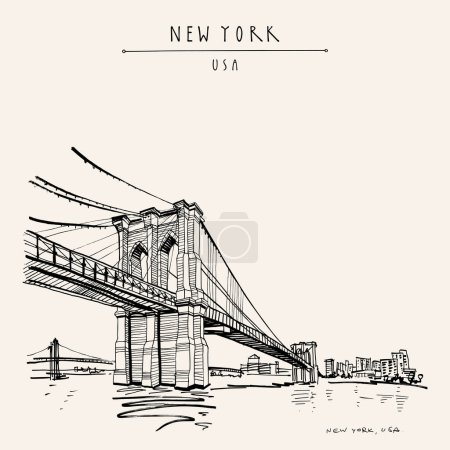 Ilustración de Postal de Nueva York, EE. UU. Cartel turístico vintage NY dibujado a mano. Puente de Brooklyn. Esbozo de viaje. Dibujo de mano vintage artístico, tarjeta de felicitación, impresión de arte - Imagen libre de derechos