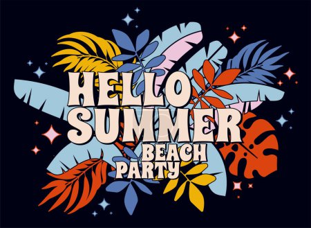 Illustration for Hello Summer Beach Party funky greeting card. Bright colors in 90s style. Summertime palmtree banana leaves background. Groovy tropical promotional banner wallpaper, flyer, poster design - Royalty Free Image