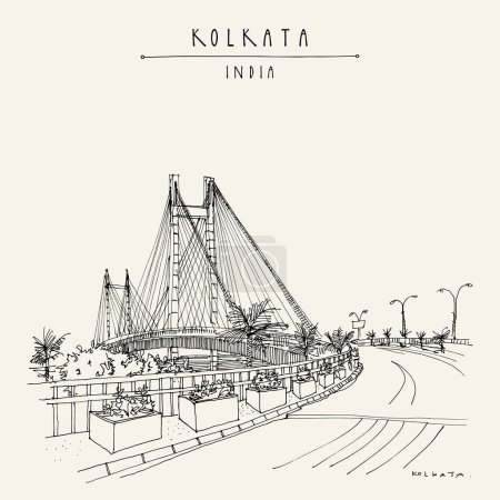 Téléchargez les illustrations : Kolkata (Calcutta), carte postale indienne. Pont Vidyasagar Setu paysage urbain artistique. Esquisse de voyage du Bengale occidental. Affiche touristique Calcutta dessinée à la main - en licence libre de droit