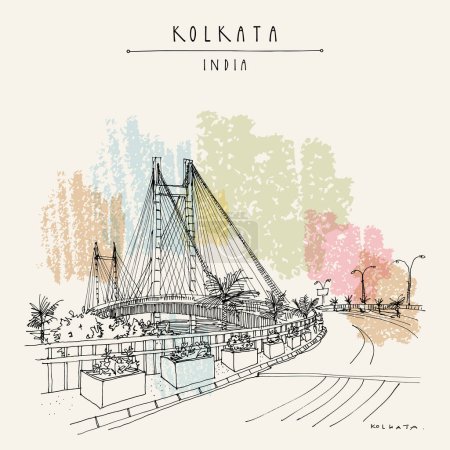 Kolkata (Calcuta), postal de la India. Vidyasagar Setu puente artístico paisaje urbano. Esbozo de viaje de Bengala Occidental. Cartel turístico de Calcuta dibujado a mano