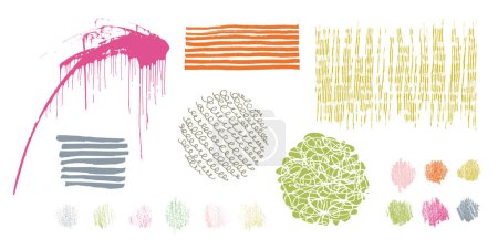 Illustration for Set of artistic grungy hand drawn textures. Lines, circles, liquid paint, smears, doodles collection. Brush strokes, patterns, information boxes. Hand drawn elements on white background - Royalty Free Image