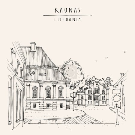 Illustration for Kaunas, Lithuania, Europe touristic postcard. Beautiful heritage buildings, street in old town. Lithuanian travel sketch, line drawing, engraving. Vintage hand drawn artistic poster, greeting card - Royalty Free Image