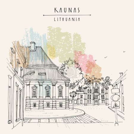 Illustration for Kaunas, Lithuania, Europe touristic postcard. Beautiful heritage buildings, street in old town. Lithuanian travel sketch, line drawing, engraving. Vintage hand drawn artistic poster, greeting card - Royalty Free Image