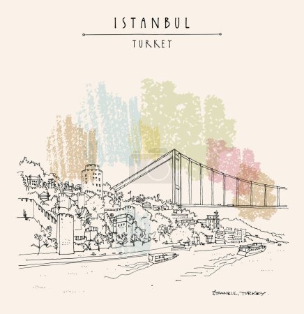 Illustration for Istanbul, Turkey postcard. Hand drawn travel sketch of the Rumeli Fortress and the Fatih Sultan Mehmet suspension bridge, vast steel-cabled roadway over Bosphorus Strait between Asia and Europe - Royalty Free Image