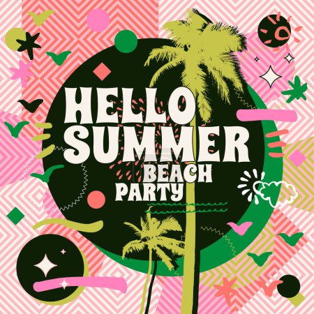 Ilustración de Hola Summer Beach Party card, anuncio, concepto. Anuncio tipográfico retro con palmeras tropicales y formas geométricas. Diseño abstracto brillante en estilo geométrico vintage y2k - Imagen libre de derechos