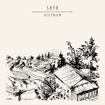 Illustration for Sapa, Vietnam, Southeast Asia vintage hand drawn postcard. Rice terraces and misty mountains in the countryside. Aerial view of a Vietnamese village. Rice fields travel sketch, artistic poster - Royalty Free Image