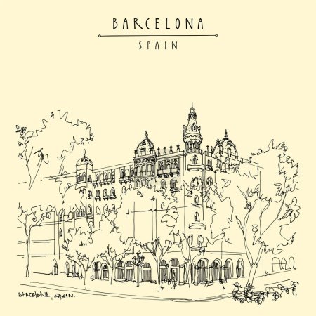 Illustration for Barcelona, Catalonia, Spain touristic postcard. Beautiful architecture near Placa Catalunya. Travel sketch art drawing in retro style. Hand drawn vintage touristic postcard, poster, artistic print - Royalty Free Image