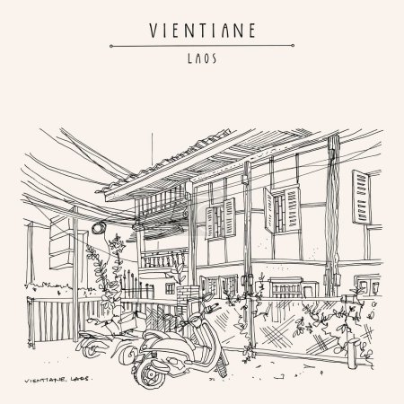 Illustration for Vientiane, Laos, Southeast Asia vintage hand drawn touristic postcard. Scooters parked at a restaurant in old town. Historical architecture travel sketch. Thai or Lao wooden house artistic poster - Royalty Free Image