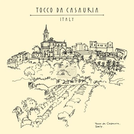 Illustration for Tocco da Casauria, Pescara, Abruzzo, Italy hand drawn retro tourist postcard, poster, travel sketch. Church, castle view. Vineyard and wine production grape tree field illustration - Royalty Free Image