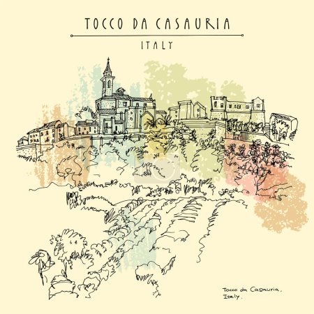 Illustration for Tocco da Casauria, Pescara, Abruzzo, Italy hand drawn retro tourist postcard, poster, travel sketch. Church, castle view. Vineyard and wine production grape tree field illustration - Royalty Free Image