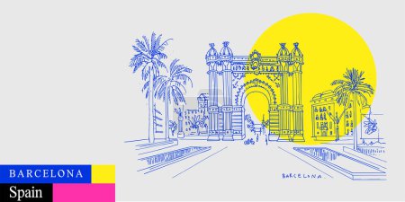Illustration for Barcelona, Catalonia, Spain. Arc de Triomf (Triumphal Arch) and palm trees. Artistic travel sketch in bright vibrant colors. Modern hand drawn touristic poster, book illustration - Royalty Free Image