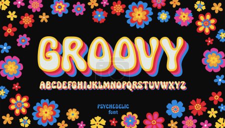 Illustration for Groovy psychedelic alphabet. Contemporary psychedelia fun hand drawn font. Trippy simple naive daisy flowers backdrop. Boho style ABC. Dope euphoria typeface. Positive vibes hippie letters - Royalty Free Image