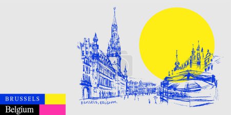 Ilustración de Bruselas, Bélgica postal. Esbozo artístico de viaje Grand Place en colores brillantes y vibrantes. Moderno cartel turístico dibujado a mano, ilustración del libro - Imagen libre de derechos