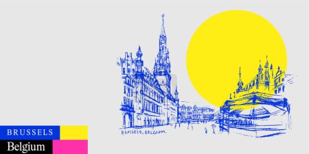 Illustration for Brussels Town Hall, Belgium drawing postcard. Grote Markt (Grand Place) town square artistic travel sketch in bright vibrant colors. Modern hand drawn touristic art poster, book illustration - Royalty Free Image