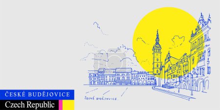 Illustration for Ceske Budejovice (Budweis), South Bohemia, Czech Republic, Europe. Artistic travel sketch in bright vibrant colors. Modern hand drawn touristic poster, book illustration - Royalty Free Image