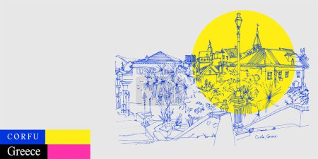 Illustration for Corfu (Kerkyra), Greece, Europe postcard. Old historic Venetian style buildings, park. Artistic travel sketch in bright vibrant colors. Modern hand drawn touristic poster, banner - Royalty Free Image