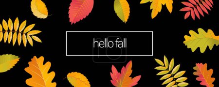 Ilustración de Hello Fall Sale banner de promoción horizontal. Plantilla de diseño de colores cálidos brillantes. Hojas otoñales coloridas y realistas aisladas sobre fondo blanco. Letras manuales - Imagen libre de derechos