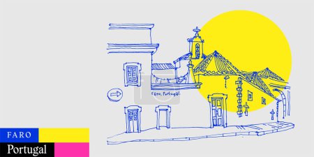 Illustration for Faro, Portugal postcard. Street in old town, cozy aged houses and a church. Artistic drawing. Algarve travel sketch in bright vibrant colors. Modern hand drawn touristic poster illustration - Royalty Free Image