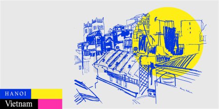 Illustration for Hanoi, Vietnam, Indochina postcard. Roofs, residential buildings.Skyline, above view. Big city. Artistic travel sketch in bright vibrant colors. Modern hand drawn touristic poster illustration - Royalty Free Image