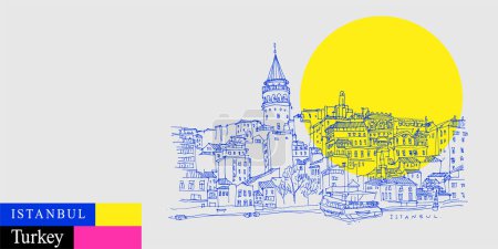 Illustration for Istanbul, Turkey postcard. Galata tower (Galata Kilesi) and Karakoy district, view from Bosphorus. Bright artistic travel sketch. Modern hand drawn touristic poster, banner illustration - Royalty Free Image