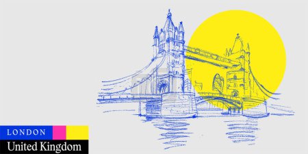 Ilustración de Londres, Inglaterra, Reino Unido postal. Famoso puente de la Torre en el río Támesis. Esbozo de viaje artístico del Reino Unido en colores brillantes y vibrantes. Moderno cartel turístico dibujado a mano británico, ilustración del libro - Imagen libre de derechos