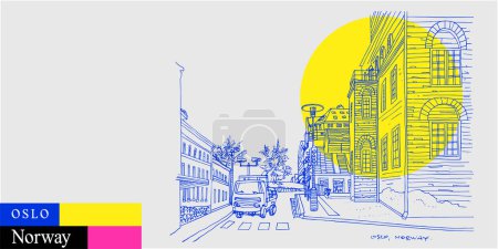 Illustration for Oslo, Norway, Scandinavia, Europe postcard. Street in downtown, old buildings. Artistic travel sketch in bright vibrant colors. Modern hand drawn touristic poster, banner, book illustration - Royalty Free Image