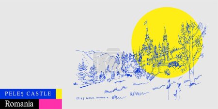 Illustration for Peles castle postcard. Sinaia, Romania, Europe. Neo-Renaissance architecture. Artistic travel sketch in bright vibrant colors. Modern hand drawn touristic poster, book illustration - Royalty Free Image