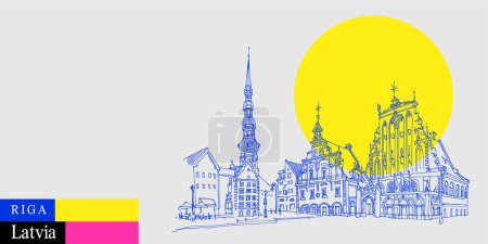 Riga, Letonia postal. Casa de los Blackheads, Iglesia de San Pedro y estatua de Roland en el casco antiguo de Riga, Letonia, Europa. Esbozo de viaje en colores vibrantes. Banner turístico dibujado a mano moderno