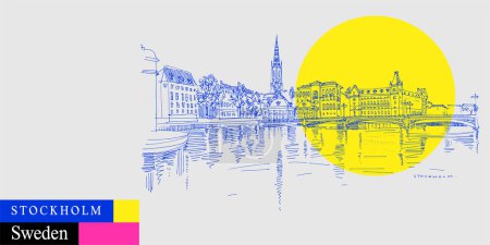 Illustration for Stockholm postcard. Panorama of Stockholm, Sweden, Scandinavia, Europe. Gamla Stan (Old town) travel sketch in bright vibrant colors. Modern hand drawn Swedish touristic poster illustration - Royalty Free Image
