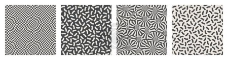 Ilustración de Conjunto de patrones sin costura de ilusión óptica geométrica. Fondo estilo Memphis con formas simples. Colores blanco y negro. Monocromo telas de telas retro, diseños de papel de embalaje - Imagen libre de derechos