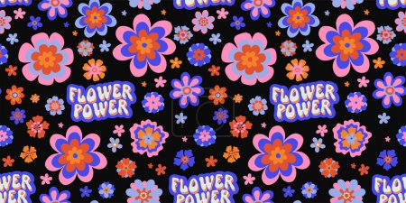 Illustration for Retro groovy daisy psychedelic seamless surface pattern with cute Flower Power typography. Cool bold retro flower repeat background. Positive vibes funky hippie vintage floral repeating print - Royalty Free Image