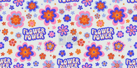 Illustration for Retro groovy daisy psychedelic seamless repeat with cute Flower Power typography. Cool bold retro flower repeat background. Kids cartoon y2k trippy funky hippie vintage floral print pattern - Royalty Free Image