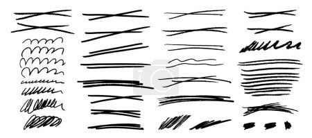 Illustration for Set of hand drawn grungy crosses, waves, highlight lines, hatches and underlines. Collection of black ink strikethrough graphic elements. Each element is united and isolated on white background - Royalty Free Image
