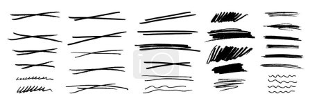 Conjunto de elementos gráficos gruesos. Pluma texturizada dibujada a mano o subrayados a lápiz, ondas, garabatos tachados, líneas de énfasis y cruces. Cada elemento está unido y aislado sobre fondo blanco