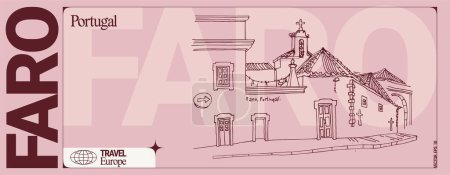 Illustration for Faro, Portugal banner. Street in old town, cozy aged houses and a church. Artistic drawing. Algarve artistic travel sketch in vintage colors. Modern hand drawn touristic ticket template - Royalty Free Image