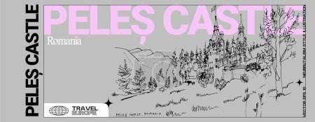 Illustration for Peles castle postcard. Sinaia, Romania, Europe. Neo-Renaissance architecture. Artistic travel sketch on grey background. Modern hand drawn touristic poster, brutal ticket illustration template - Royalty Free Image