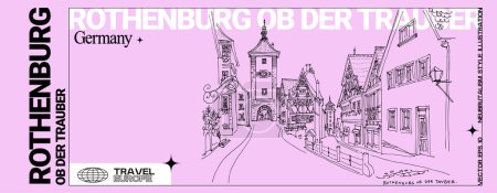 Illustration for Rothenburg ob der Tauber, Germany, Europe postcard. Medieval Siebers Tower historic gate, old houses. Travel sketch on pink background. Modern hand drawn touristic banner in neubrutalism style - Royalty Free Image