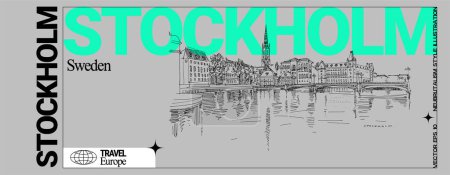 Illustration for Stockholm postcard. Panorama of Stockholm, Sweden, Scandinavia, Europe. Gamla Stan (Old town) travel sketch drawing on grey background. Modern hand drawn touristic banner in neubrutalism style - Royalty Free Image